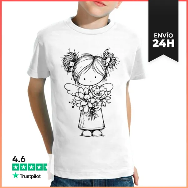Camiseta Clásica Para Niños Angelita Kawaii Con Flores, Diseño