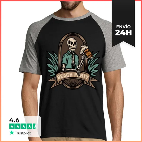 Camiseta Hombre, Estilo Béisbol BEACH PARTY ESQUELETO CERVEZA