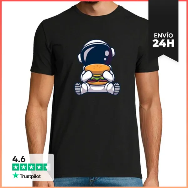 Camiseta Hombre Clásica Astronauta Con Una Hamburguesa