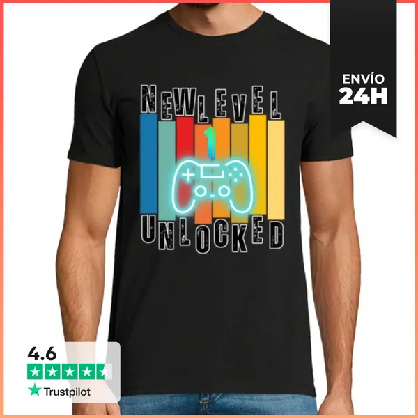 Camiseta Hombre Clásica New Level 1 Unlocked Retro Gamer Birthday