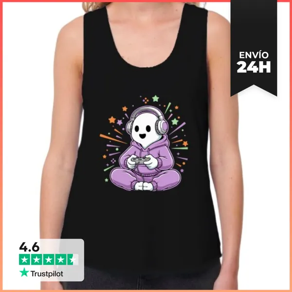 Camiseta Mujer Sin Mangas, Loose Fit Halloween Gamer Dibujo