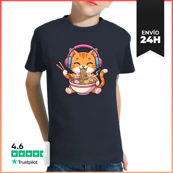 Camiseta Clásica Para Niños Gato Kawaii Ramen Música LaTostadora
