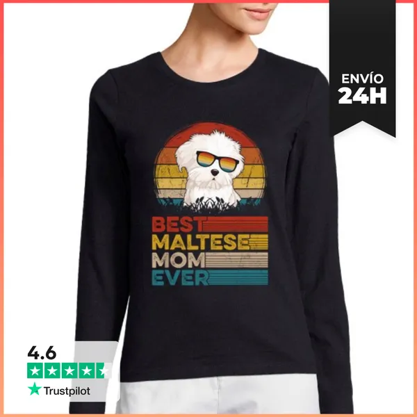 Camiseta Mujer Manga Larga Perro Vintage La Mejor Mamá Maltesa De