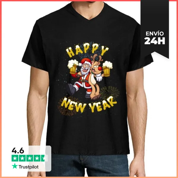 Camiseta Hombre, Cuello Pico Feliz Año Nuevo Santa Claus Con
