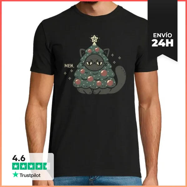 Camiseta Hombre Clásica Gato Divertido Con Disfraz De Árbol De