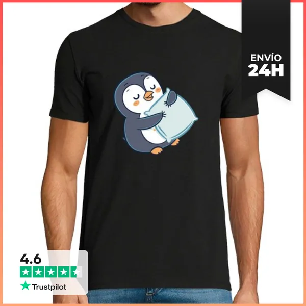 Camiseta Hombre Clásica Pingüino Abrazador Sobre Almohada
