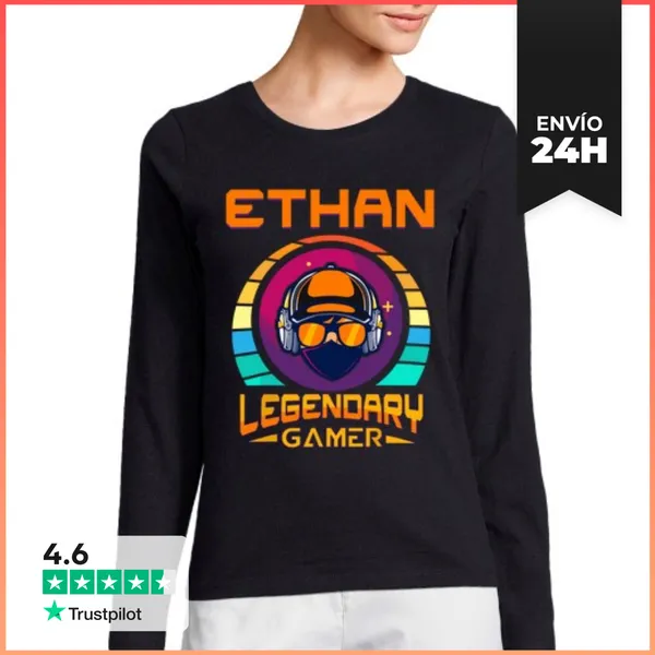 Camiseta Mujer Manga Larga Ethan Legendario Gamer Personalizado