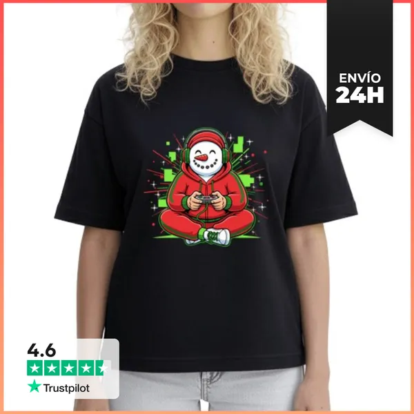 Camiseta Mujer Boxy Muñeco De Nieve Gamer Navidad Invierno
