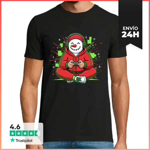 Camiseta Hombre Clásica Muñeco De Nieve Gamer Navidad Invierno