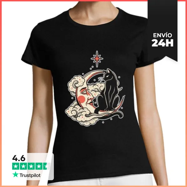 Camiseta Mujer Clásica Camiseta Mujer Luna Con Gato Tarot -