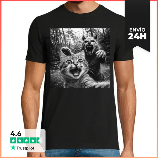 Camiseta Hombre Clásica Divertido Selfie Gato Con Hombre Lobo