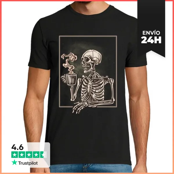 Camiseta Hombre Clásica Esqueleto Café Cafeína Calavera Skull