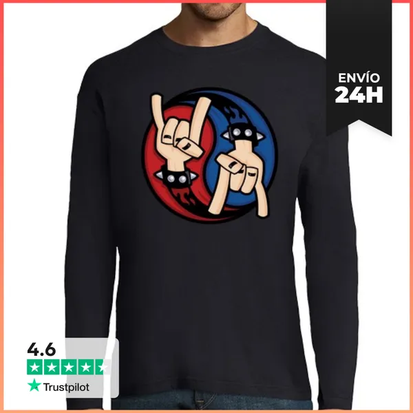Camiseta Hombre Manga Larga Cuernos Del Diablo Rock And Roll Yin