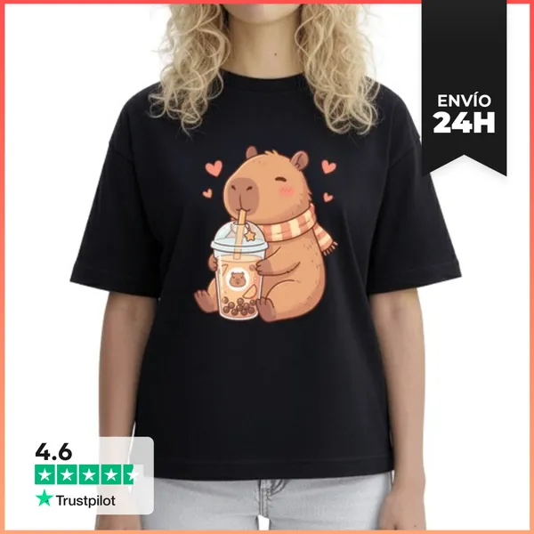 Camiseta Mujer Boxy Capibara Kawaii Boba LaTostadora