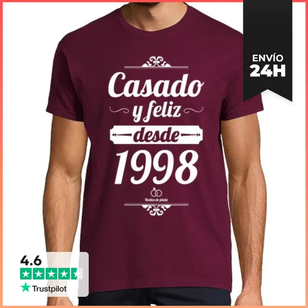 Camiseta Hombre Clásica Casado Y Feliz Desde 1998, Bodas De Plata