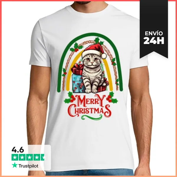 Camiseta Hombre Clásica Gato Americano De Pelo Corto Navidad
