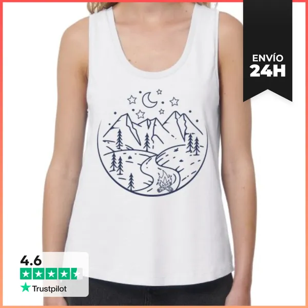 Camiseta Mujer Sin Mangas, Loose Fit CAMPING NOCHE MONTAÑAS