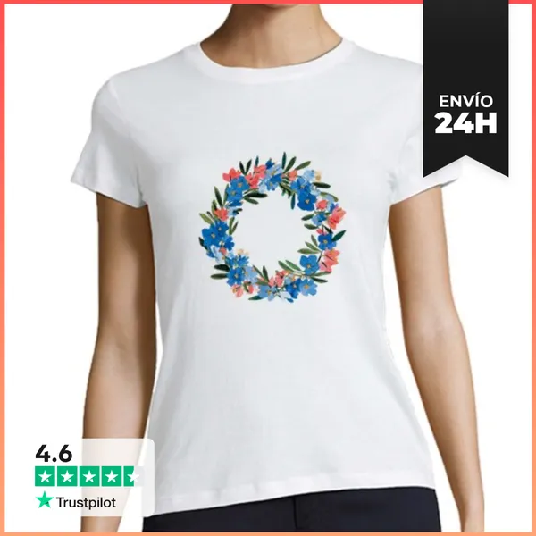 Camiseta Mujer Clásica Corona De Flores Azules Y Coral