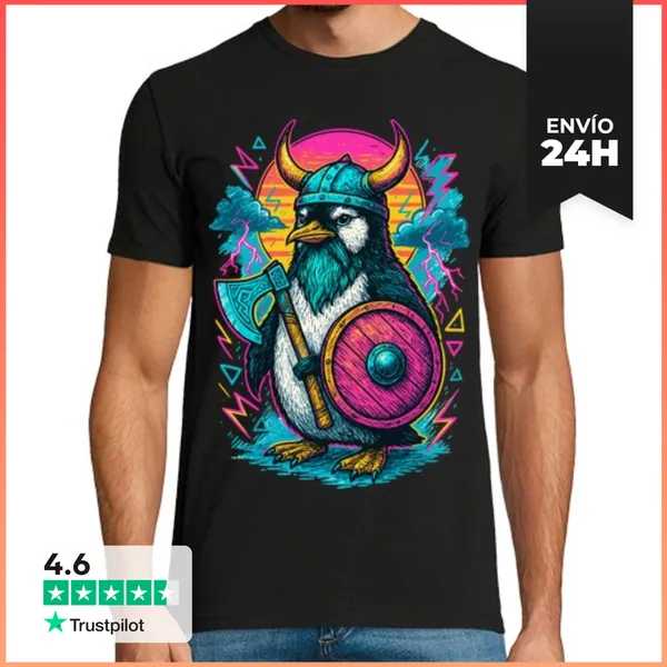 Camiseta Hombre Clásica Pingüino Vikingo Mitología Nórdica Retr