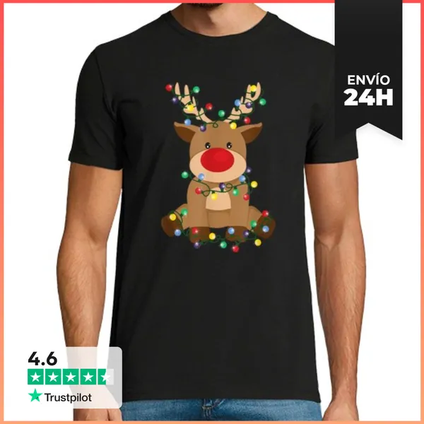 Camiseta Hombre Clásica Rudolph Enredado En Luces De Árbol De N