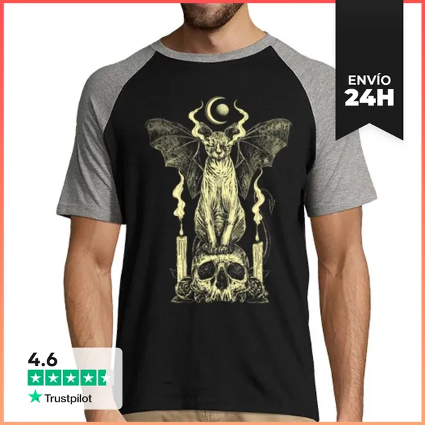 Camiseta Hombre, Estilo Béisbol Gato Esfinge Malvado Cráneo De
