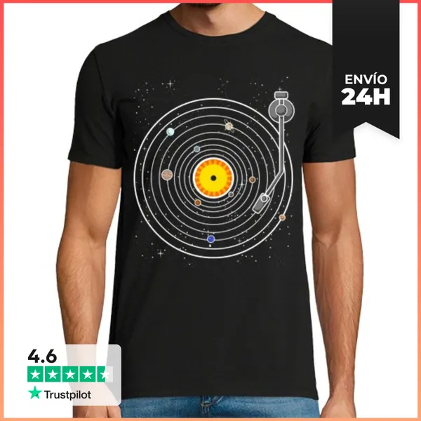 Camiseta Hombre Clásica Tocadiscos Discos Vinilo Planetas