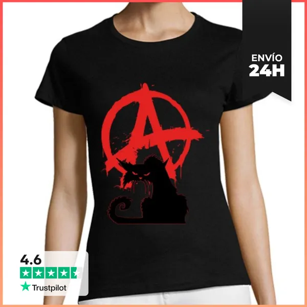 Camiseta Mujer Clásica Camiseta - Gato Negro Anarquista