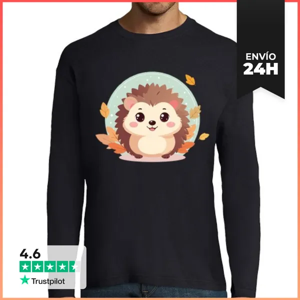 Camiseta Hombre Manga Larga Erizo Kawaii Estilo Peluche