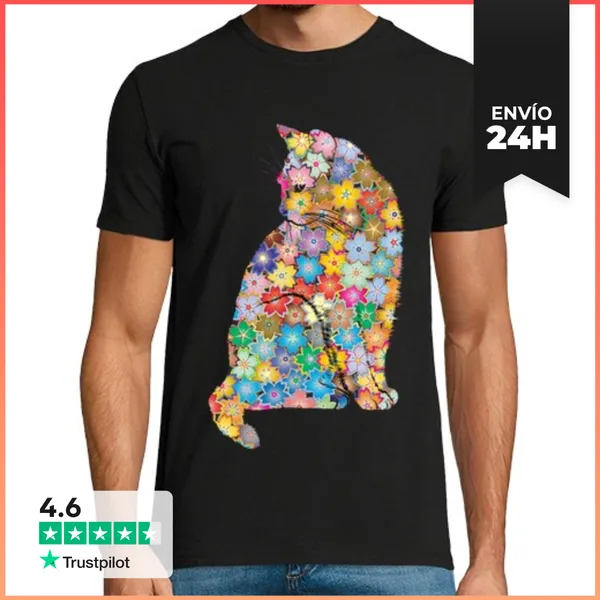 Camiseta Hombre Clásica Gato Flores Estilo Rompecabezas Románti