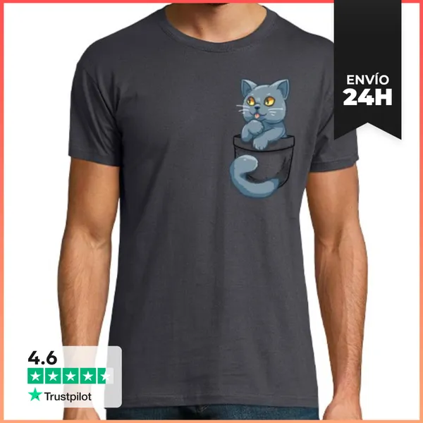 Camiseta Hombre Clásica Bolsillo Lindo Británico Gato De Pelo