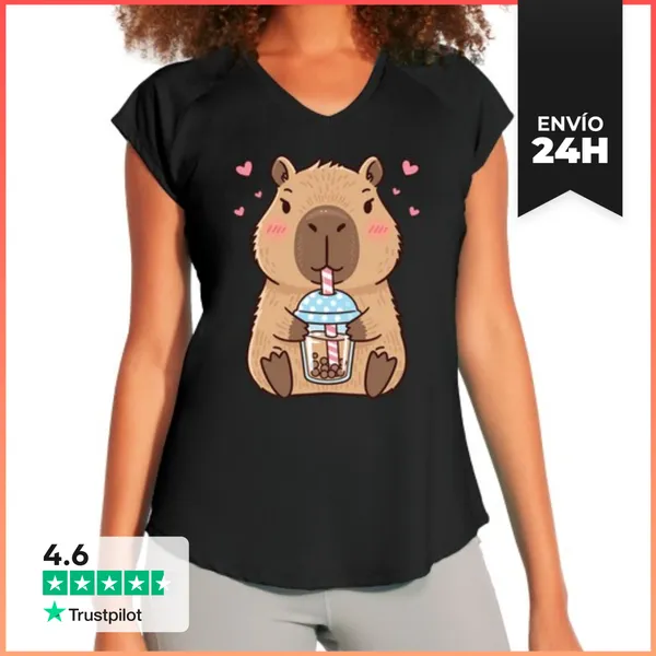 Camiseta Deportiva Mujer Capibara Kawaii Con Té De Burbujas