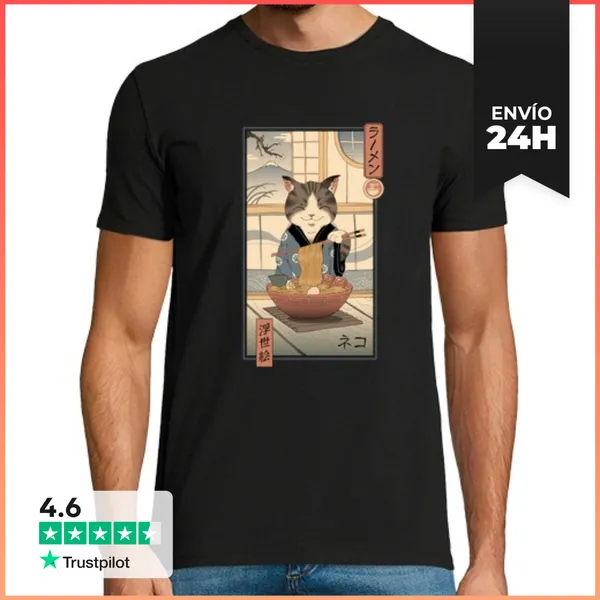 Camiseta Hombre Clásica Neko Ramen Ukiyo-e Camisa Hombre