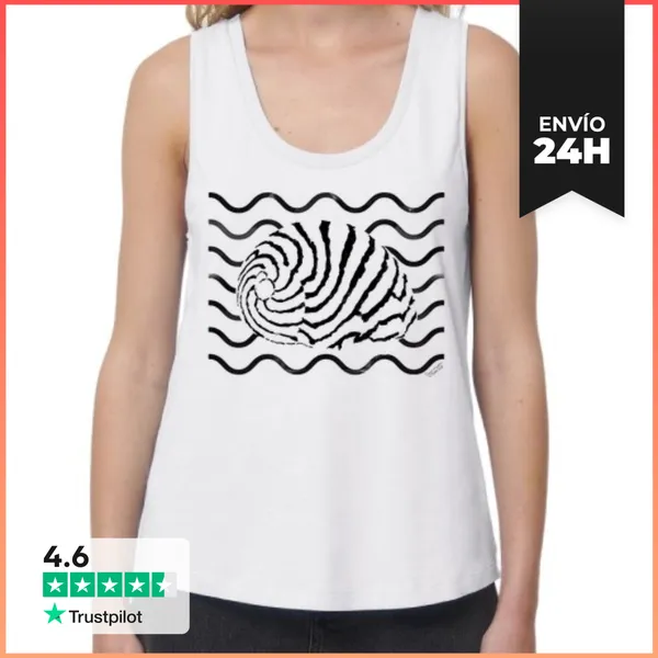 Camiseta Mujer Sin Mangas, Loose Fit Concha De Mar Negra Y Blanca