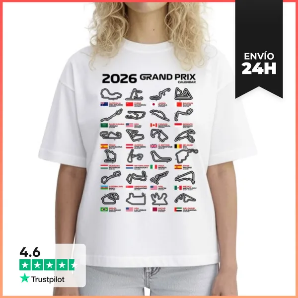 Camiseta Mujer Boxy F1 2026 CALENDARIO CIRCUITOS GRAND PRIX