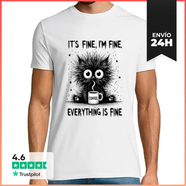 Camiseta Hombre Clásica Está Bien Estoy Bien Café Gato Humor