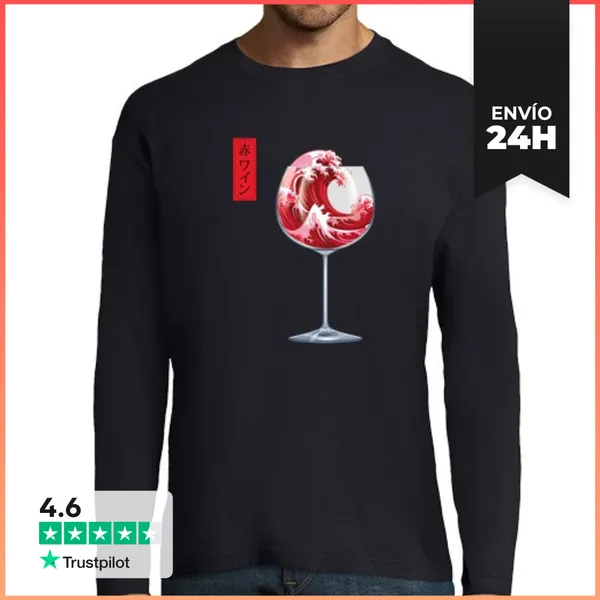 Camiseta Hombre Manga Larga Copa De Vino Hokusai LaTostadora