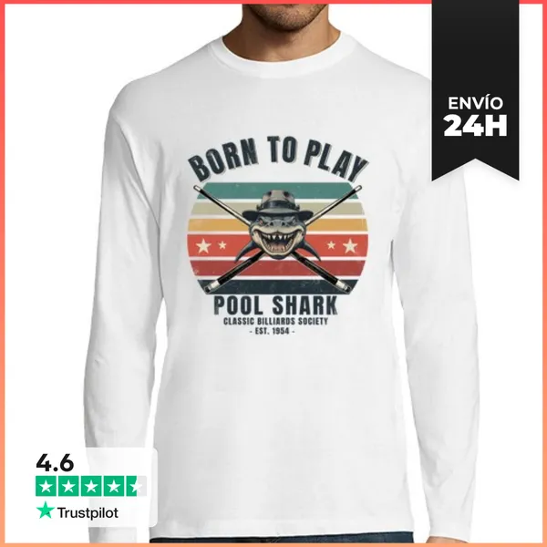 Camiseta Hombre Manga Larga Tiburón Del Billar Vintage Jugador