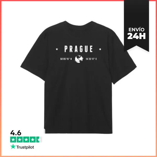 Camiseta Oversize Texto Blanco De Praga Coordenadas Geográficas