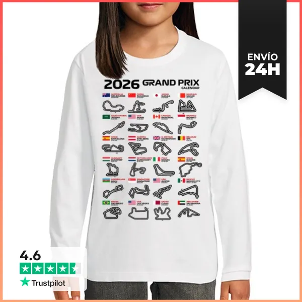 Camiseta Manga Larga Para Niños F1 CALENDARIO CIRCUITOS GRANDES