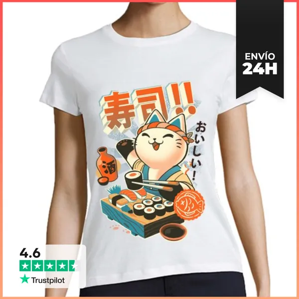 Camiseta Mujer Clásica Sushi Chef - Gatito Mono Cocina -