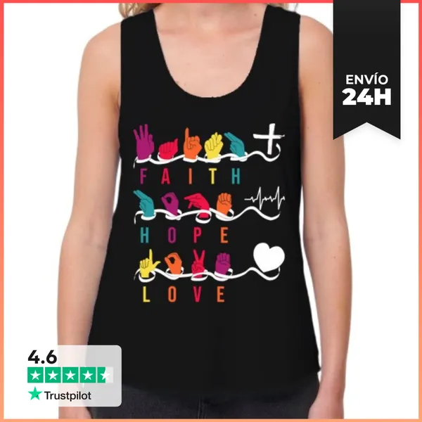 Camiseta Mujer Sin Mangas, Loose Fit Fe Esperanza Amor Asl