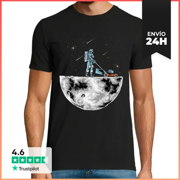Camiseta Hombre Clásica Astronauta Jardinero Cortacesped Luna