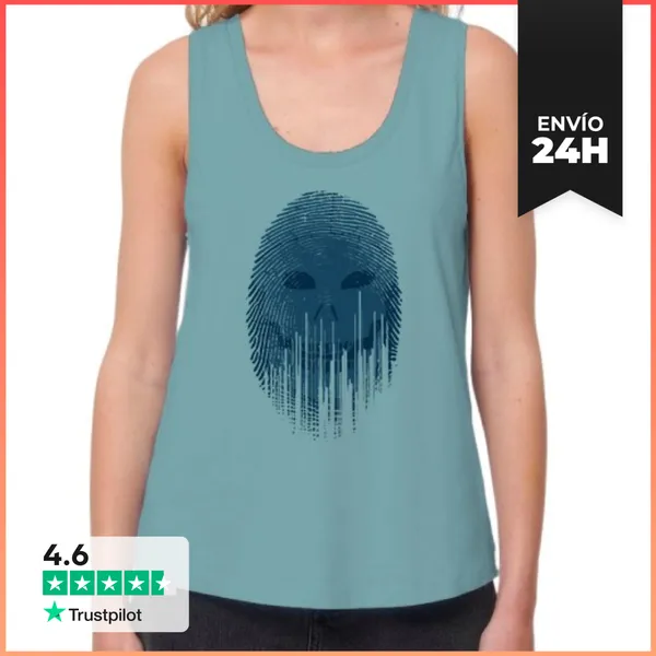 Camiseta Mujer Sin Mangas, Loose Fit Huella Mortal. Azules