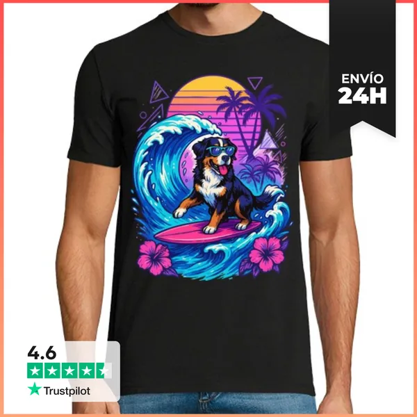 Camiseta Hombre Clásica Perro De Montaña Bernés Surfista Retro