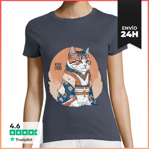 Camiseta Mujer Clásica Gato Japonés Con Ropa Tradicional