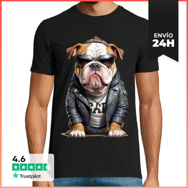 Camiseta Hombre Clásica Bulldog Inglés Motero Rebelde Cuero Gen