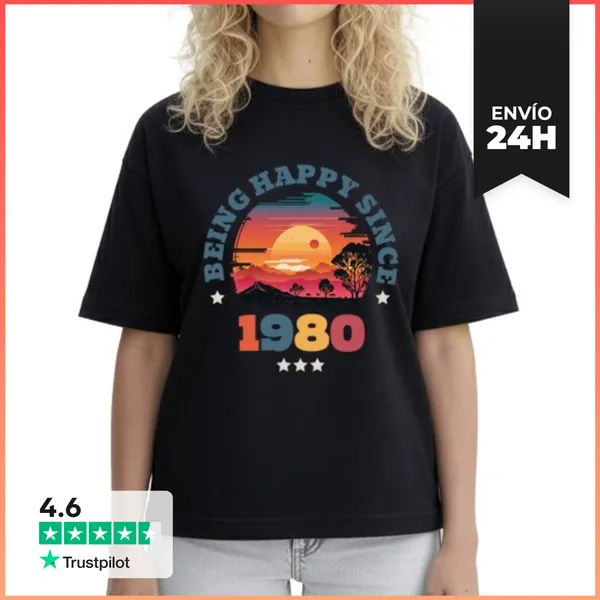 Camiseta Mujer Boxy Being Happy Since 1980 Vintage Sunset