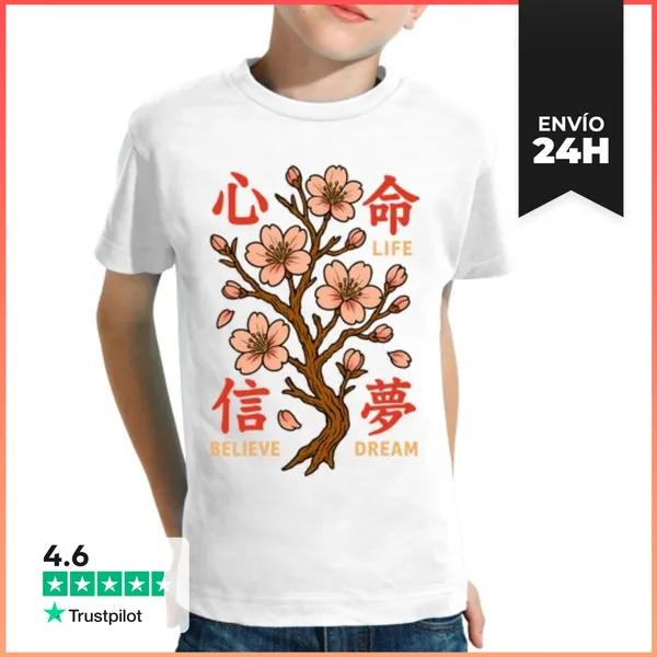 Camiseta Clásica Para Niños Sakura Kanji Life Believe Dream
