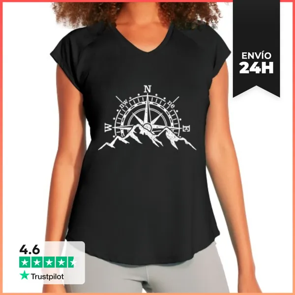 Camiseta Deportiva Mujer Rosa De Los Vientos Brújula Y Montañas