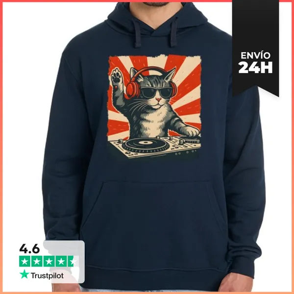 Sudadera Unisex Con Capucha Tocadiscos De Dj Con Forma De Gato,